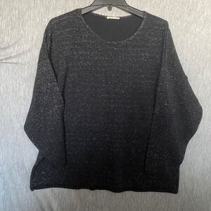 Womens Black Silver Metallic Shimmer Knit Oversized Sweater Crew Neck Relaxed